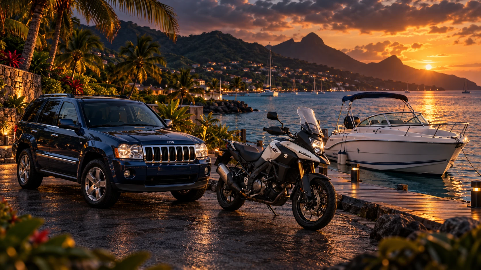 Jeep Grand Cherokee 2006 bleu foncé, Suzuki V-Strom 1000 et bateau de plaisance au coucher du soleil